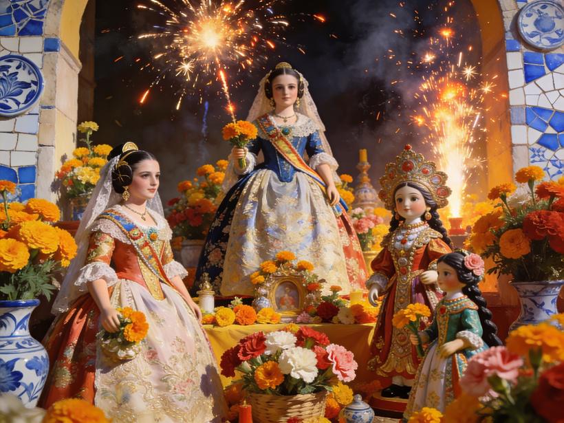 Escena festiva de Valencia: falleras, flores y fuegos artificiales